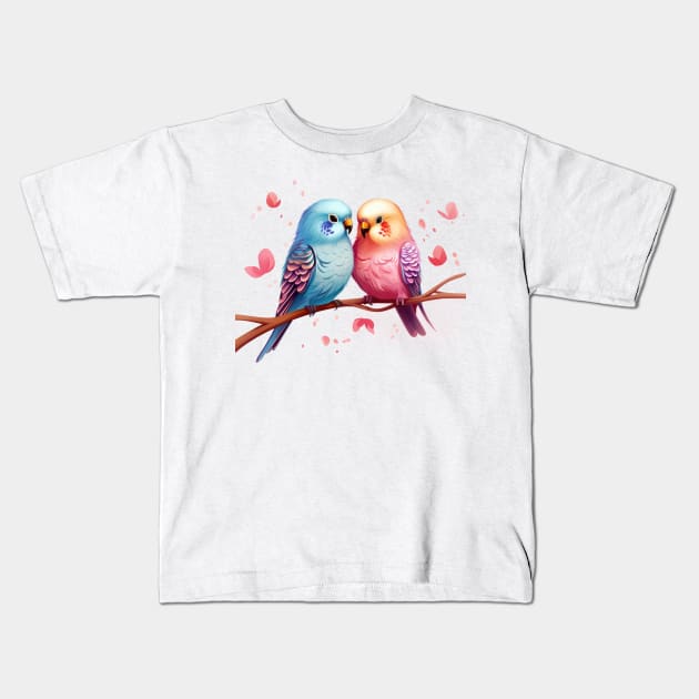 Valentine Kissing Budgerigar Bird Couple Kids T-Shirt by Chromatic Fusion Studio